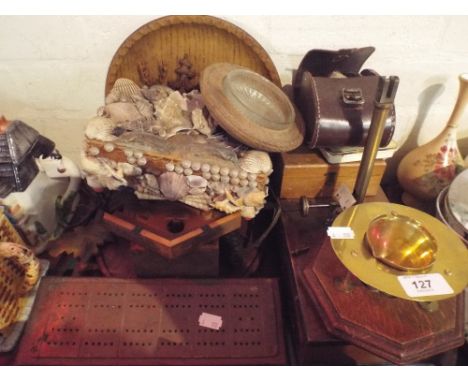 A Tray of Sundries to Include Cribbage Board, Vintage Scales for Restoration, Shell Decorated Box, Black Forest Plate Etc.