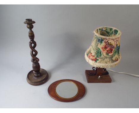 An Oak Table Lamp, Barley Twist Oak Candle Stick and A Two Sided Inlaid Mirror. 