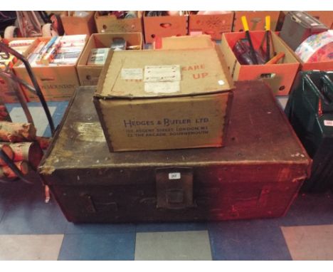 A Hedges and Butler Packing Case and A Vintage Canvas Travelling Trunk with Paper Label for Tilbury Dock. 