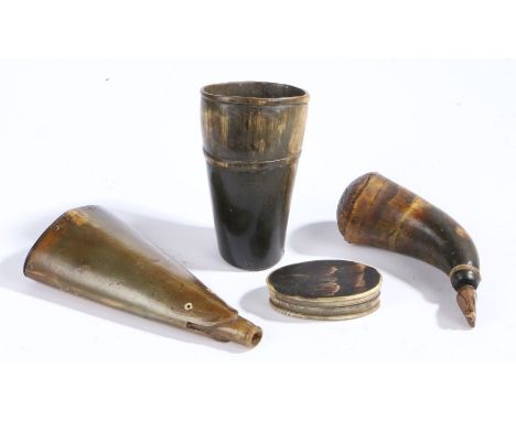 A collection of 19th Century horn items, to include two flasks, a snuff box and a cup, (4)