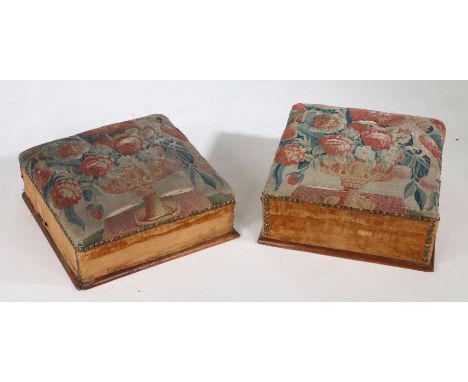 A pair of Victorian footstools with 18th Century tapestry, the tapestry with an urn and blooms with a perched parrot to the s