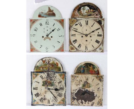 A collection of four long case clock painted dials, each fitted with a later battery powered movement, (4)