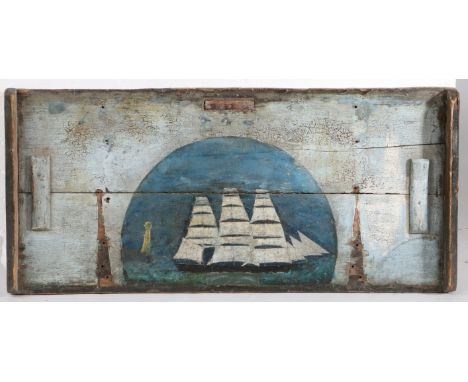 19th Century Maritime/sailors folk art, a three masted ship at sea, painted to the under side of a ships trunk, 95cm x 43cm