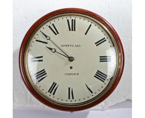 A 19th Century Norfolk wall clock, Springall Norwich, the cream painted signed dial with Roman hours, single fusee movement w