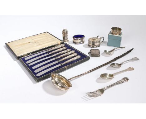 A selection of silver, various dates and makers to include three piece condiment set, napkin ring, vesta converted to a light