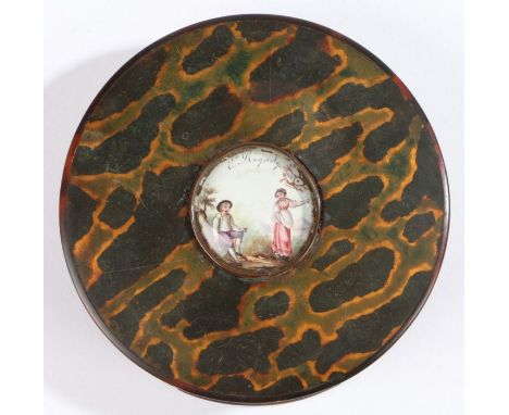A George III tortoiseshell and enamel snuff box, the central inset panel painted in polychrome depicting a courting couple, t