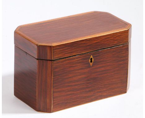 A Regency partridge wood tea caddy, the rectangular top with canted corners enclosing two lidded compartments, 20cm wide, 11.