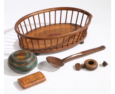 A 19th Century mahogany basket, with stringing and fan inlay, together with a 19th Century nut cracker with screw thread, a t