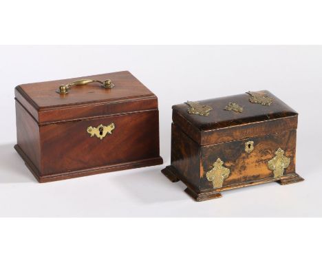 A George III mahogany tea caddy, with a hinged lid enclosing two lidded compartments 18cm wide, together with a Victorian pap