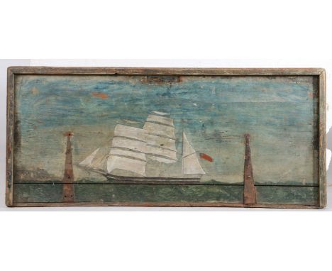 19th Century Maritime/sailors folk art, a three masted ship at sea, a light house in the distance, painted to the under side 