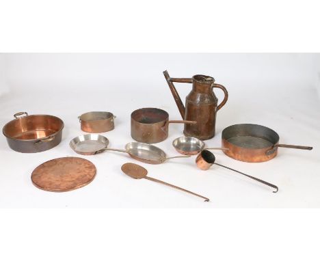 A collection of copper, to include a French watering can, copper pots, a pan, a skimmer and a ladle (qty)