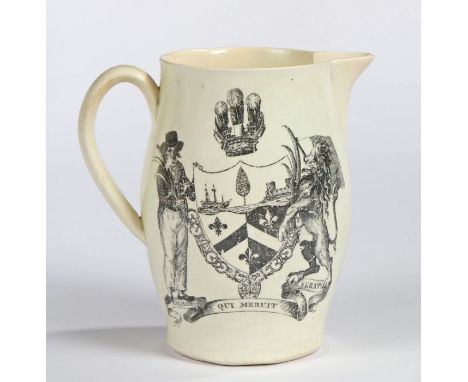 A rare 19th Century creamware commemorative jug, printed in black with a portrait of Lord Nelson, flanked by two putti emblem