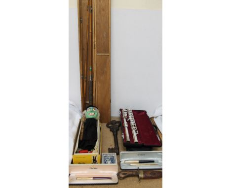 A Jupiter silver plated three piece flute, cased, together with a Pelham puppet Wicked Witch, Parker fountain pens, Japanese 