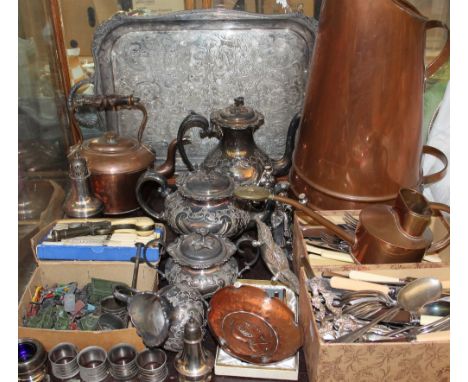 An electroplated four piece tea service together with electroplated Dickens figures, flatwares, toys, tray, copper coal scutt