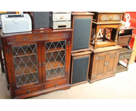 An oak display cabinet together with an oak hifi cabinet, speaker cabinets, television cabinet, magazine rack and occasional 