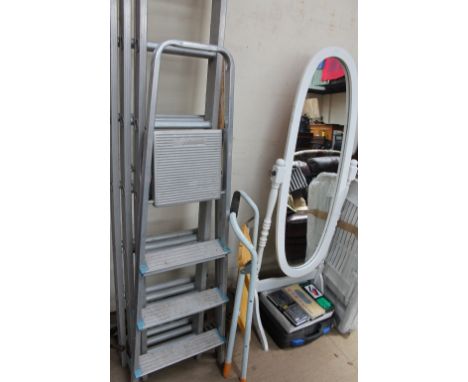 A Taskmaster aluminium extending ladder together with a step ladder, tools, vice, garden chairs, cheval mirror etc
