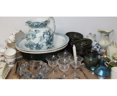 A studio pottery part breakfast set together with a Coalport part tea set, decorative glass, jug and basin set etc