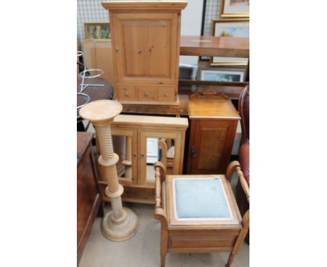 A pine hanging cabinet with a cupboard and spice drawers together with another one with a mirrored door, a commode, a pot cup