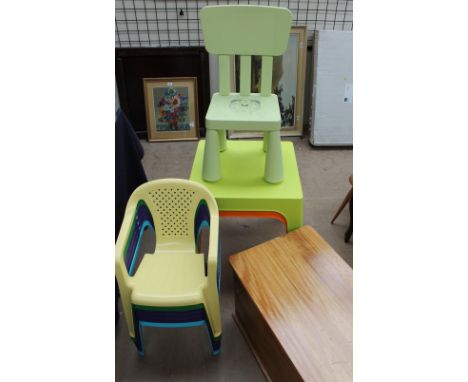 Children's chairs and tables together with a toy trunk