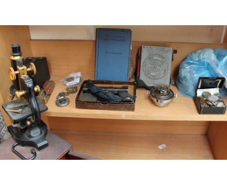 An Angus monocular microscope together with a navigational computer MKIII, Gimbal mounted compass, Motris pocket watch, Weble