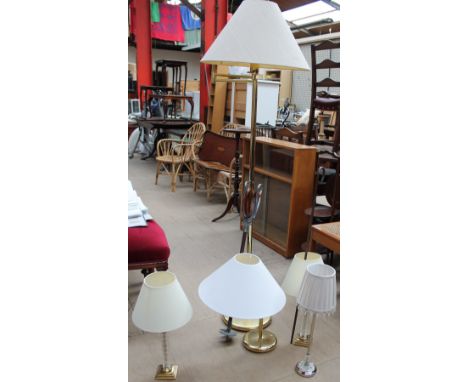 A brass standard lamp together with four table lamps, walking stick and shooting stick 