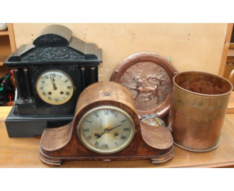 A black slate mantle clock together with an oak clock, copper dish, copper cylinder and an AA badge