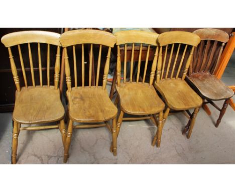 A set of four stick back kitchen chair together with a walnut wall clock, a bedwarming pan and a table lamp