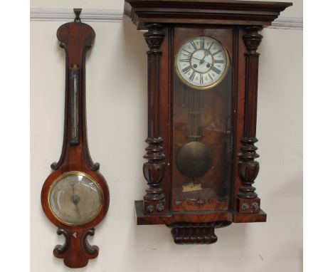 A walnut Vienna regulator type wall clock together with a rosewood banjo barometer