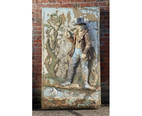 Architectural: A rare Georgian carved sandstone panel of Izaac Walton, late 18th century, standing on the riverbank originall