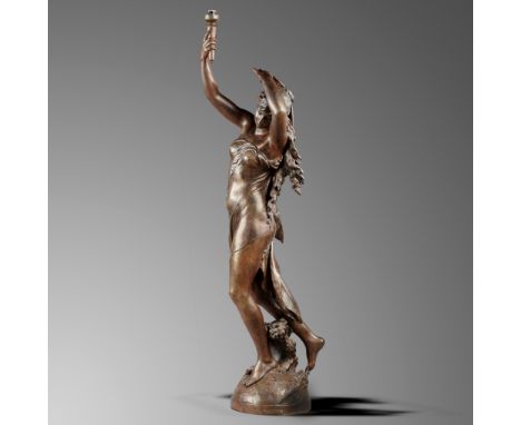 Sculpture: A Val d’Osne foundry cast iron torchère figure of a maiden, late 19th century, the base with applied brass plaque 