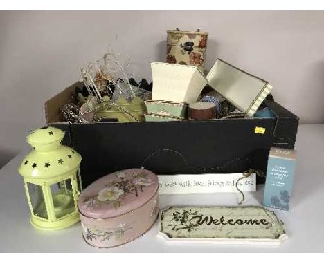 Two boxes of planters, candle holders, metal lanterns, oil lamp etc 