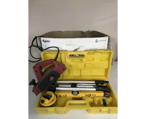 Two boxes of submersible pump, hand tools, tool box, planer, climbing rope etc 