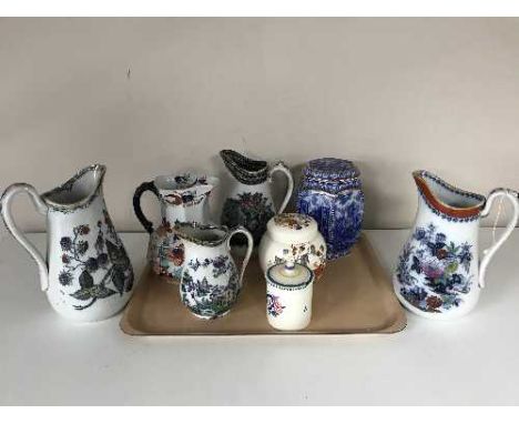 A tray of Masons Ironstone jug, three graduated late Victorian jugs, Ringtons caddy, Poole preserve pot etc 