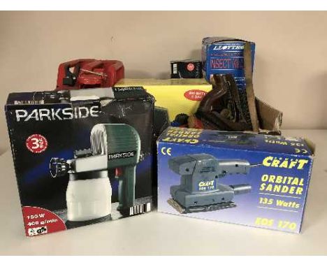 Two boxes of power tools - orbital sander, heat gun, etc Clarke Pole saw set, hand tools, jerry can, etc 
