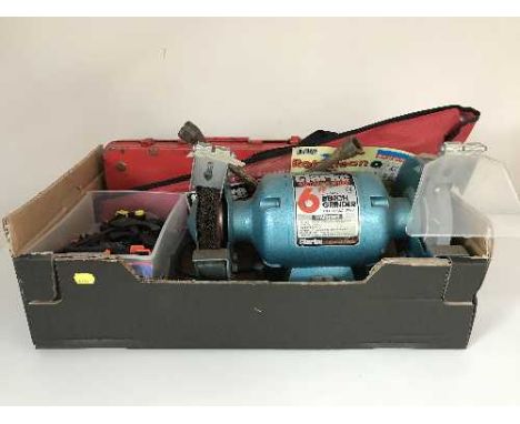 Two boxes of Generation 3 car lights, Clarke bench grinder, tow bar, miniature plants etc 