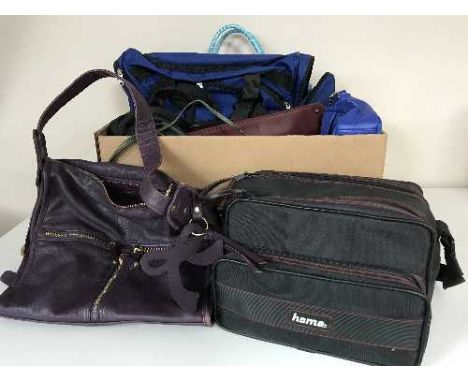 Two boxes of hand bags, camera bag etc 