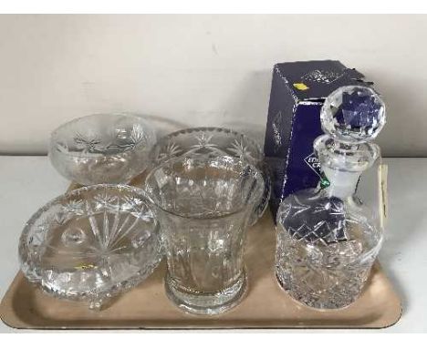 A tray of Edinburgh Crystal decanter and stopper, pair of Edinburgh Crystal high ball glasses, Dartington crystal vase and th