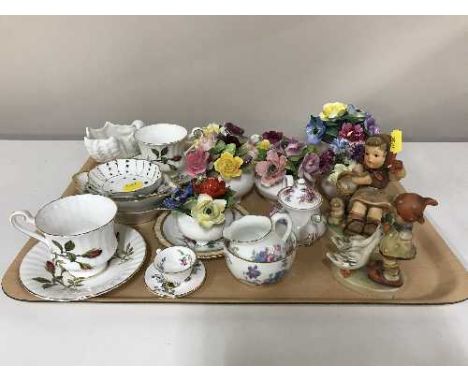 A tray of two Goebel figures, posies, Coalport shell dish, shallow dishes, etc 