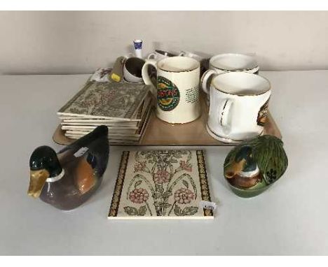 A tray of fire place tiles, part Poole tea china, Copeland Spode vase, tankards etc 