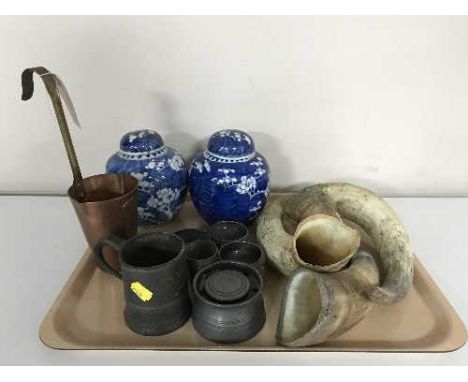A pair of 20th century blue and white lidded temple jars, copper brass handled drinks ladle from HMS Jutland, pewter salts, i