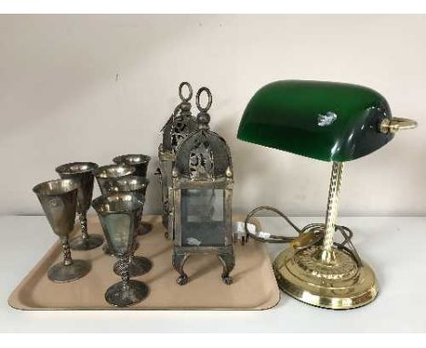 A tray of six plated goblets, pair of contemporary metal candle holders, banker's lamp  