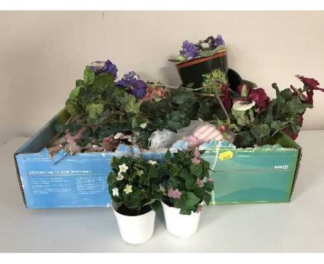 Three boxes of artificial flowers, wicker planters, wall shelf etc 