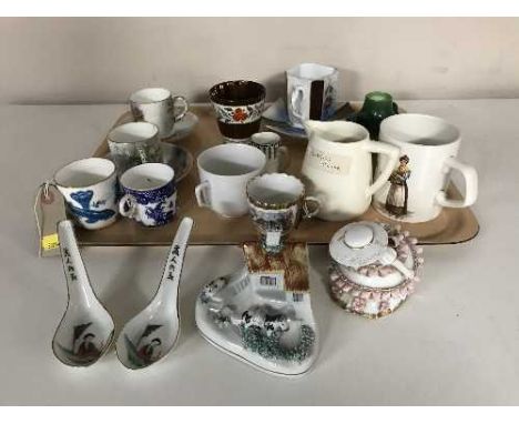 A tray of late 20th/19th century china inc. Clarice Cliff jug, hand painted Whitley cliffs cups, copper lustre beaker, Foley 