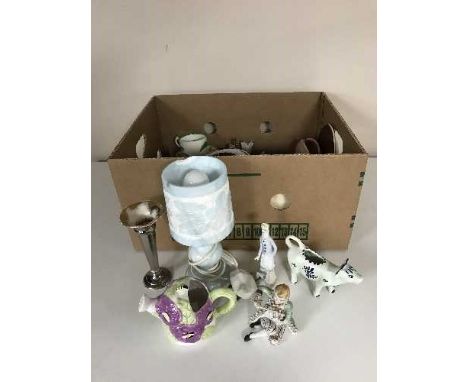 Two boxes of assorted china, plates, marble table lamp, figure, etc 