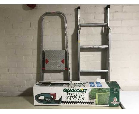 A Qualcast hedge trimmer, pair of steps and multi function ladder 