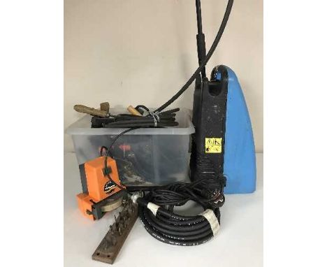 A Kew pressure washer, Bosch drill stand, box of hand tools, electrical drill etc 