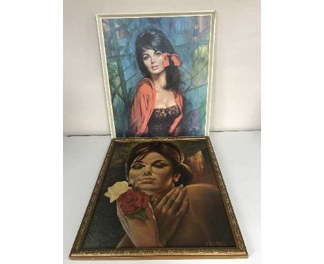 A 20th century gilt framed oil on canvas; head and shoulders portrait of a lady, together with two mid 20th century prints by