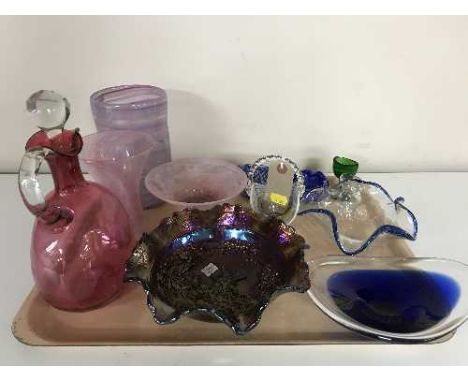 A tray of cranberry glass decanter with stopper, carnival glass, assorted glass vases, bowls, eye baths etc 