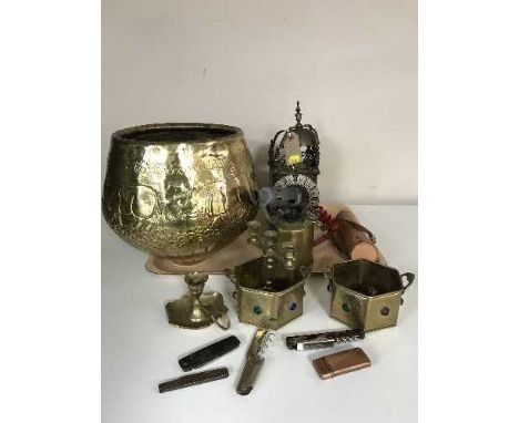 A tray of telescope in leather pouch, vintage blow torch, pen knives, lighters, embossed brass planter etc 