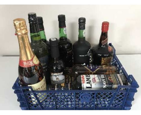 Nine bottles of alcohol - 1 litre Lambs Navy rum, 70cl Kemore Scotch whiskey, port etc 